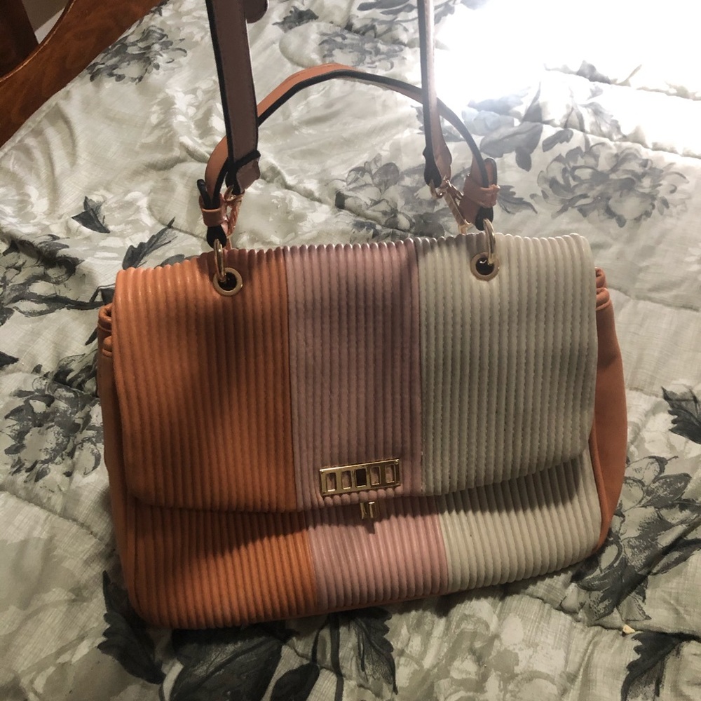 coral and pale pink handbag with shoulder strap